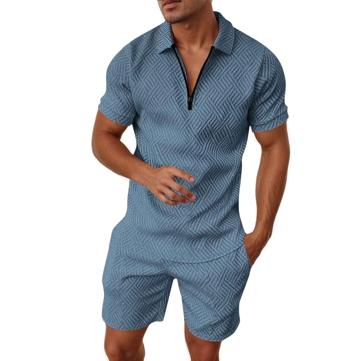 Tuta Uomo Estiva Sportiva Maniche Corte Cerniera T-Shirt e Pantaloncini Estiva 2 Pezzi Set Completo Completa Cotone Leggero Tute Due Maglietta e Complete