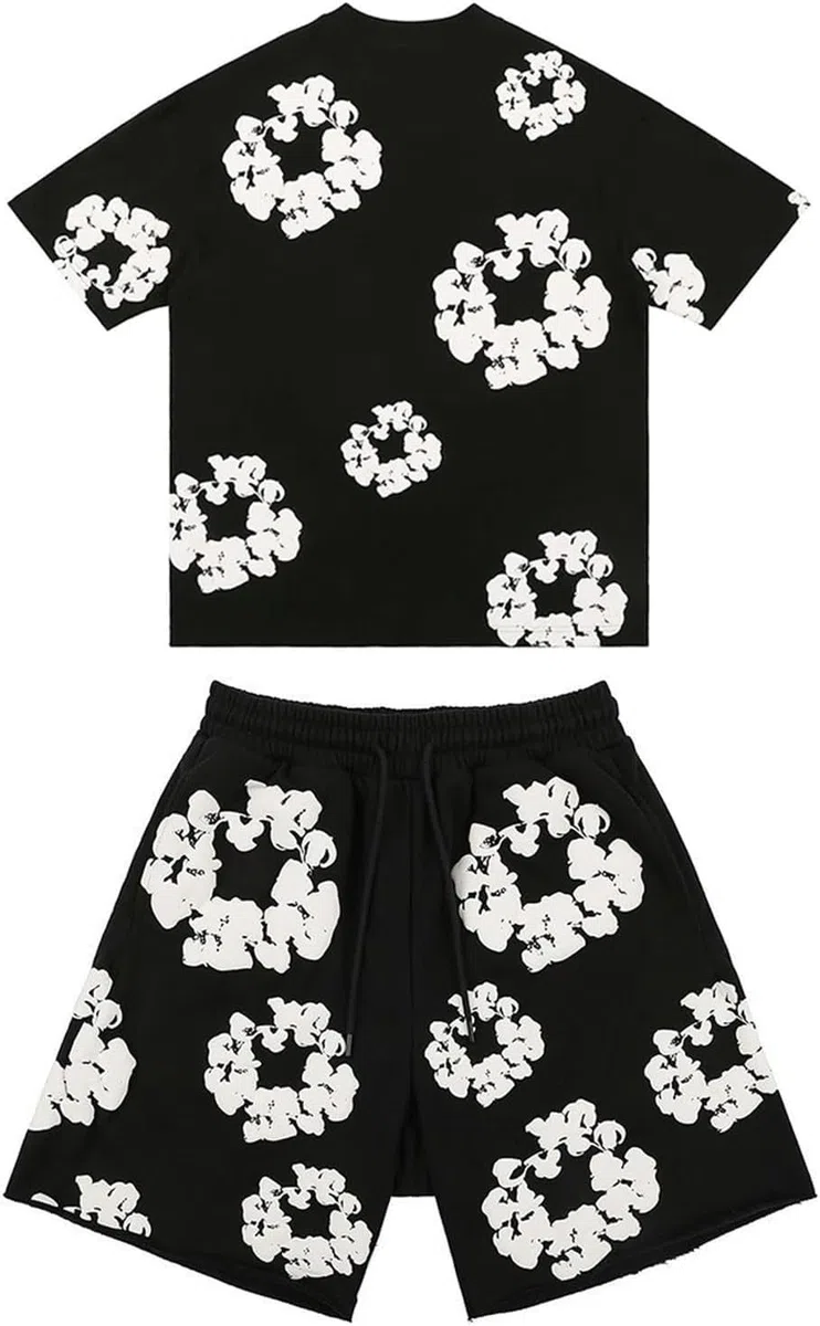 Generico Completo Sportivo Estivo da Uomo,Tuta Uomo Sportiva Maniche Corte Lettere Stampa T-Shirt e Pantaloncini Estiva 2 Pezzi Set Completo,Hip Hop Y2K Sweatsuit Set con Fiori in Rilievo
