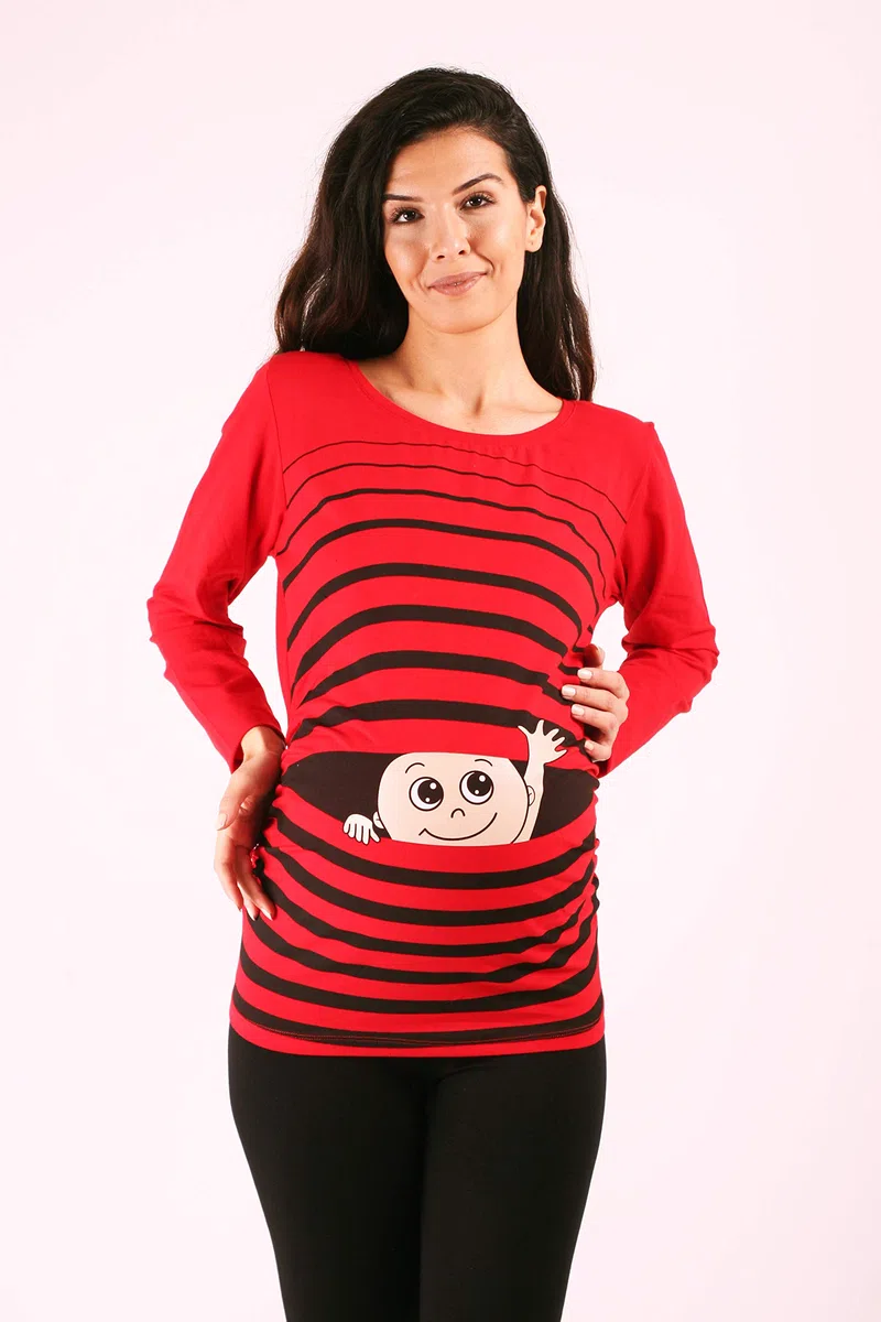 M.M.C. Ciao Ciao - Simpatica graziosa T-Shirt Premaman Manica Lunga per la Gravidanza (Rosso, Small)