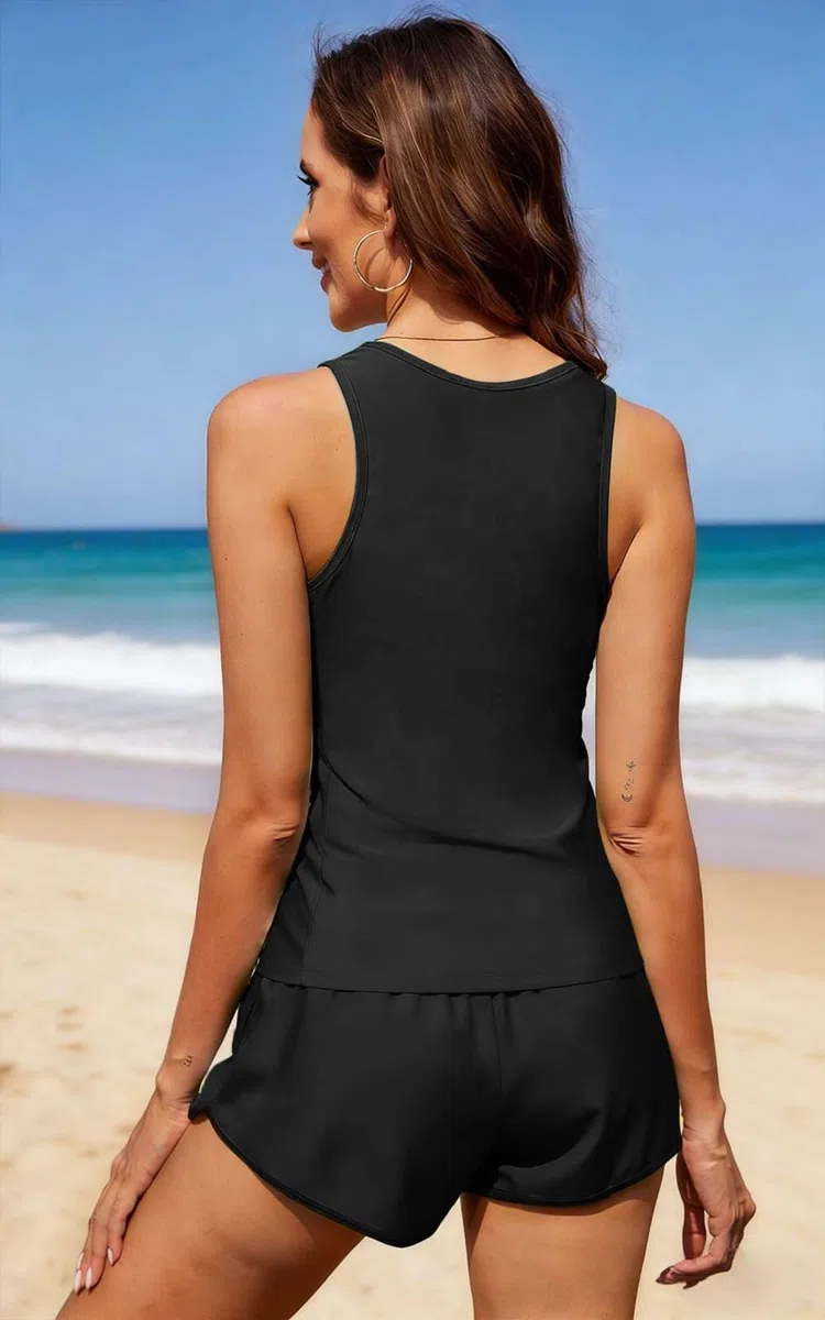 Yutdeng Tankini Donna Mare Costume da Bagno Due Pezzi Modest Tankini Set Canotta Top Bikini Push Up e Pantaloncini da Bagno con Tasche Costumi da Bagno Sportivi Swimwear da Spiaggia
