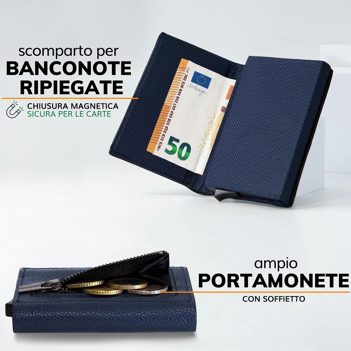 GUGGIARI® Porta Carte Credito Uomo in Pelle - Portacarte RFID in Alluminio con Porta Monete e Tasca di Cortesia con Chiusura Magnetica - Portafoglio Uomo Slim - Leather -Blue