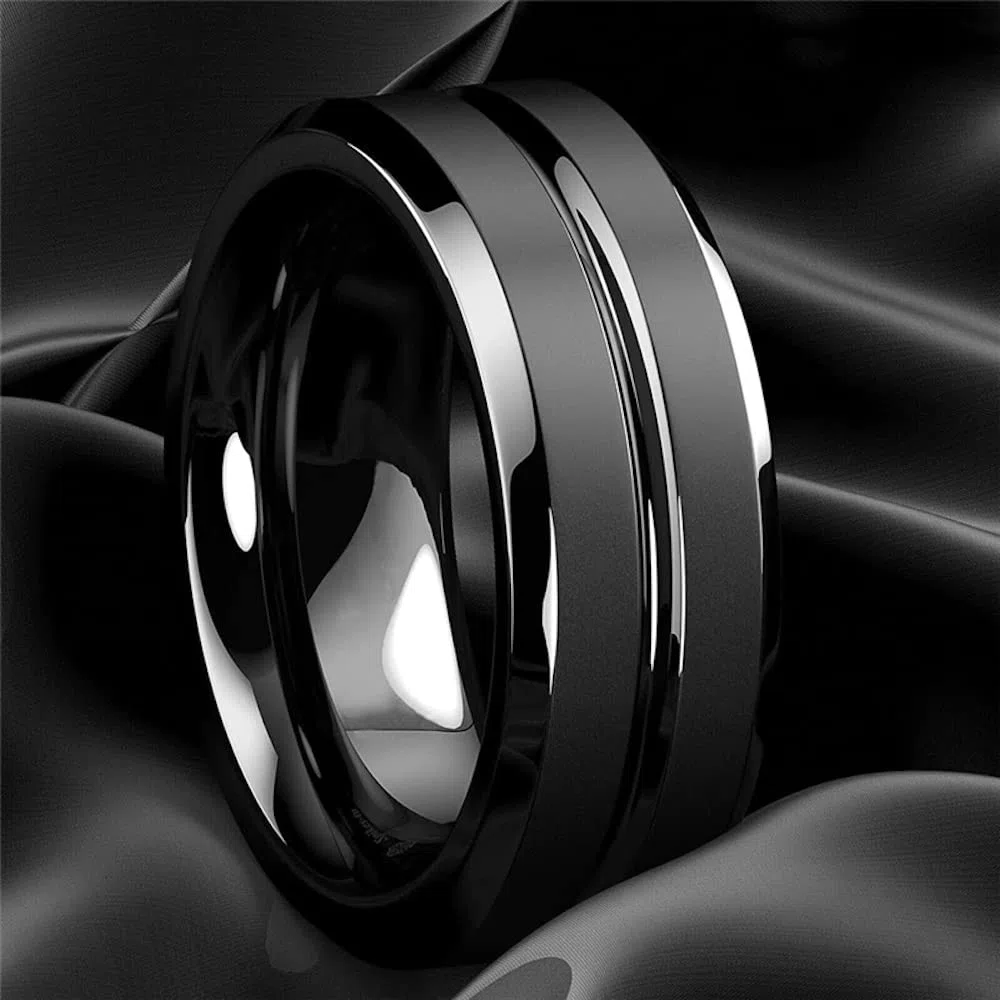 ZENSE - Anello da uomo in acciaio nero opaco con scanalatura ZR0170