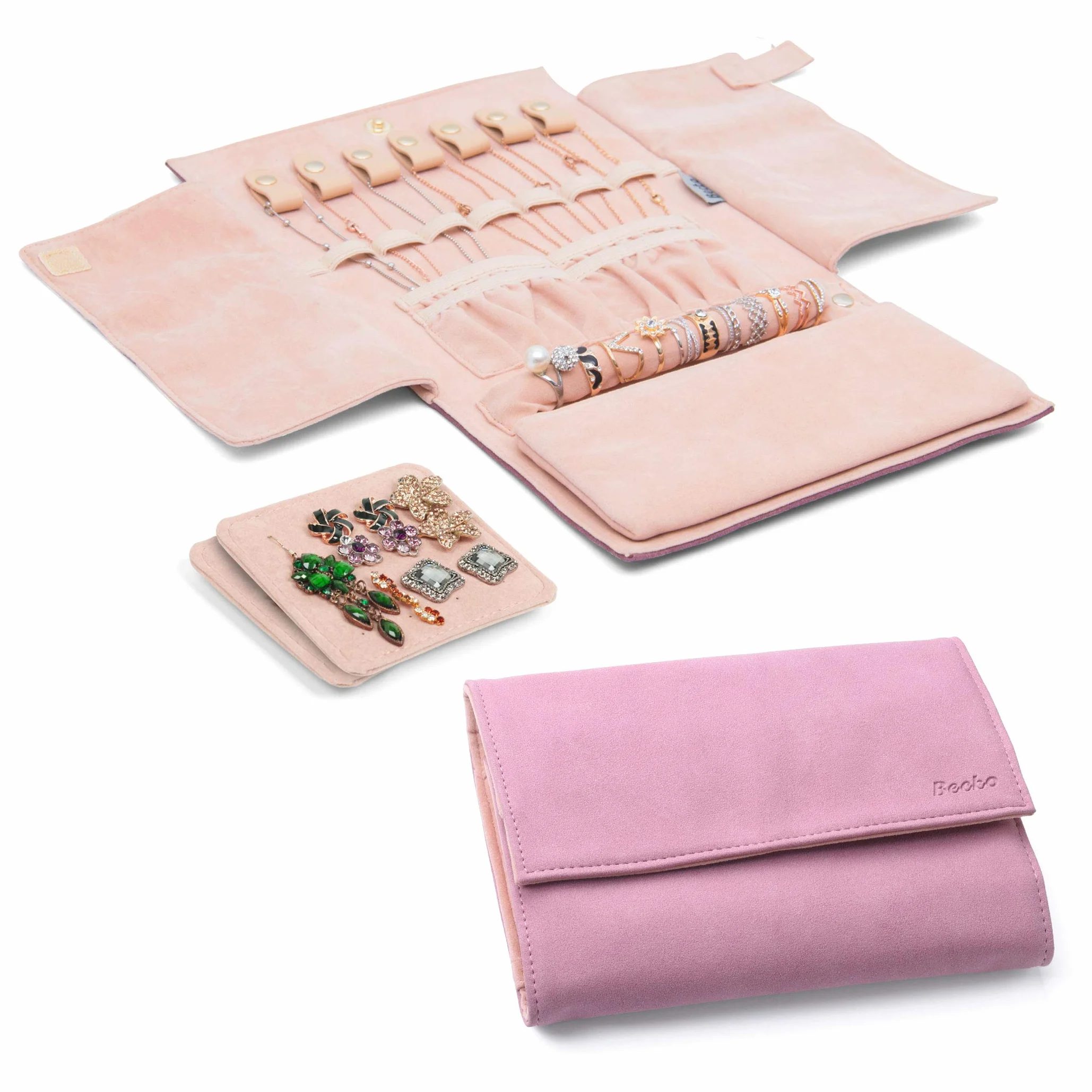 Becko Portagioie arrotolabile da viaggio per collane, anelli, bracciali, in pelle morbida e scamosciata, grande capacità senza pieghe, leggero, portatile e pratico, colore: rosa, cod. WGSSB