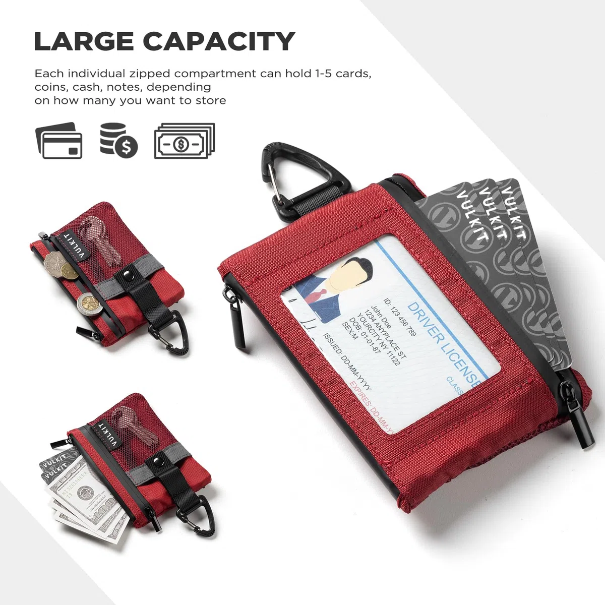VULKIT Portafogli piccolo Minimalistico con Finestra Identificativa, Porta carte di credito con Blocco RFID Portafoglio impermeabile con cerniera (Rosso)