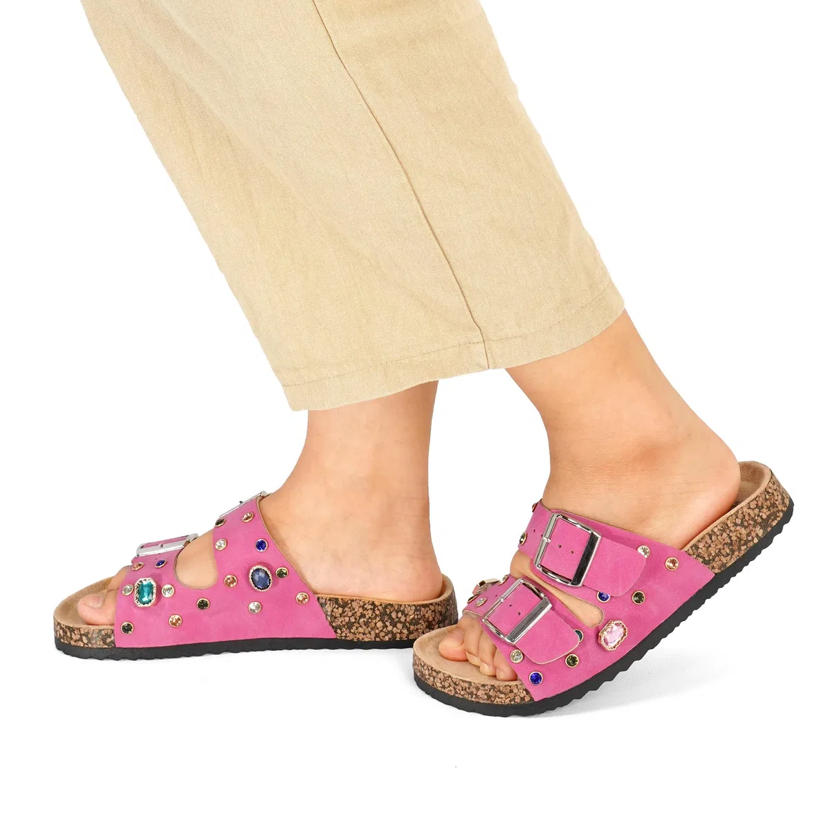 JOMIX Ciabatte Donna Estive Sandali Eleganti Pantofole Bohemien con Pietre Colorate Fibbie e Suola in Sughero per Spiaggia Tempo Libero Vacanze Comodi Antiscivolo