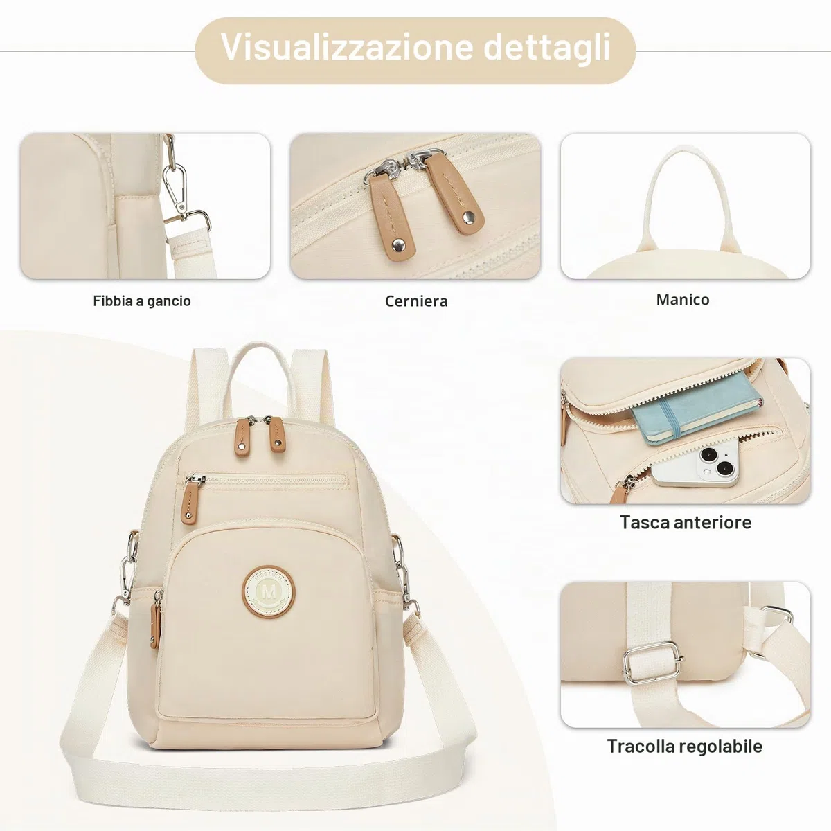 Miss Lulu Zaino Donna Media, Borsa Zainetto Antifurto Impermeabile 8 Tasche, Zaini Casual Tracolla Regolabile a Singola/Doppia Spalla, per Viaggio, Scuola, Lavoro, Shopping, Visite e Università