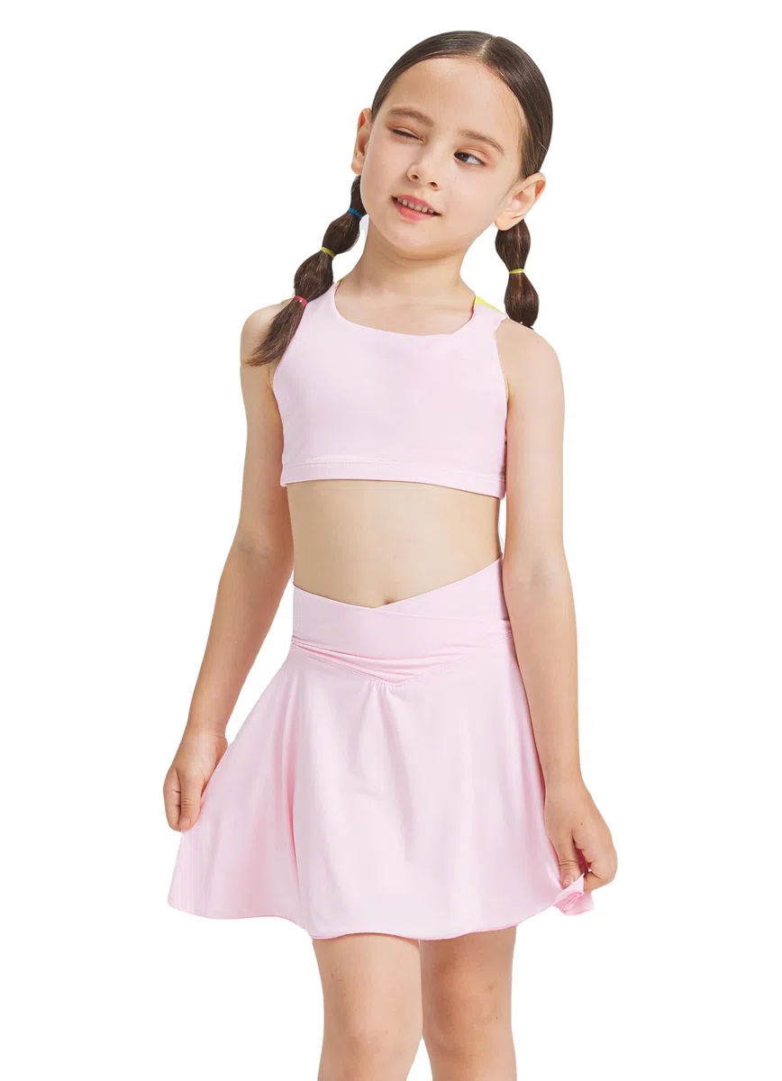 Set di 2 pezzi da allenamento per ragazze, set di reggiseni e gonne con tasche e pantaloncini