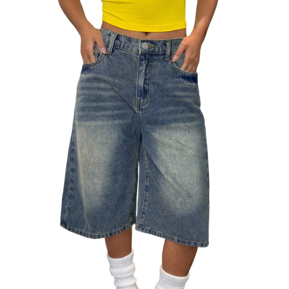 Bermuda per ragazze Pantaloncini in jeans per bambini lunghezza al ginocchio Pantaloncini in denim adolescenti Vintage Trendy Capri Jeans estivi a vita alta Y2K Hip Hop Streetwear lavato estetico