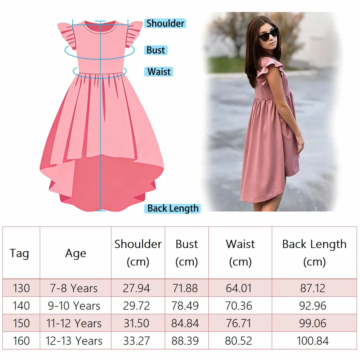 Vestito Bambina Elegante Orlo Asimmetrico Vestiti Ragazza Abito Bambine Estivi Trapezio Abiti Ragazze con Tasche 7-13 Anni