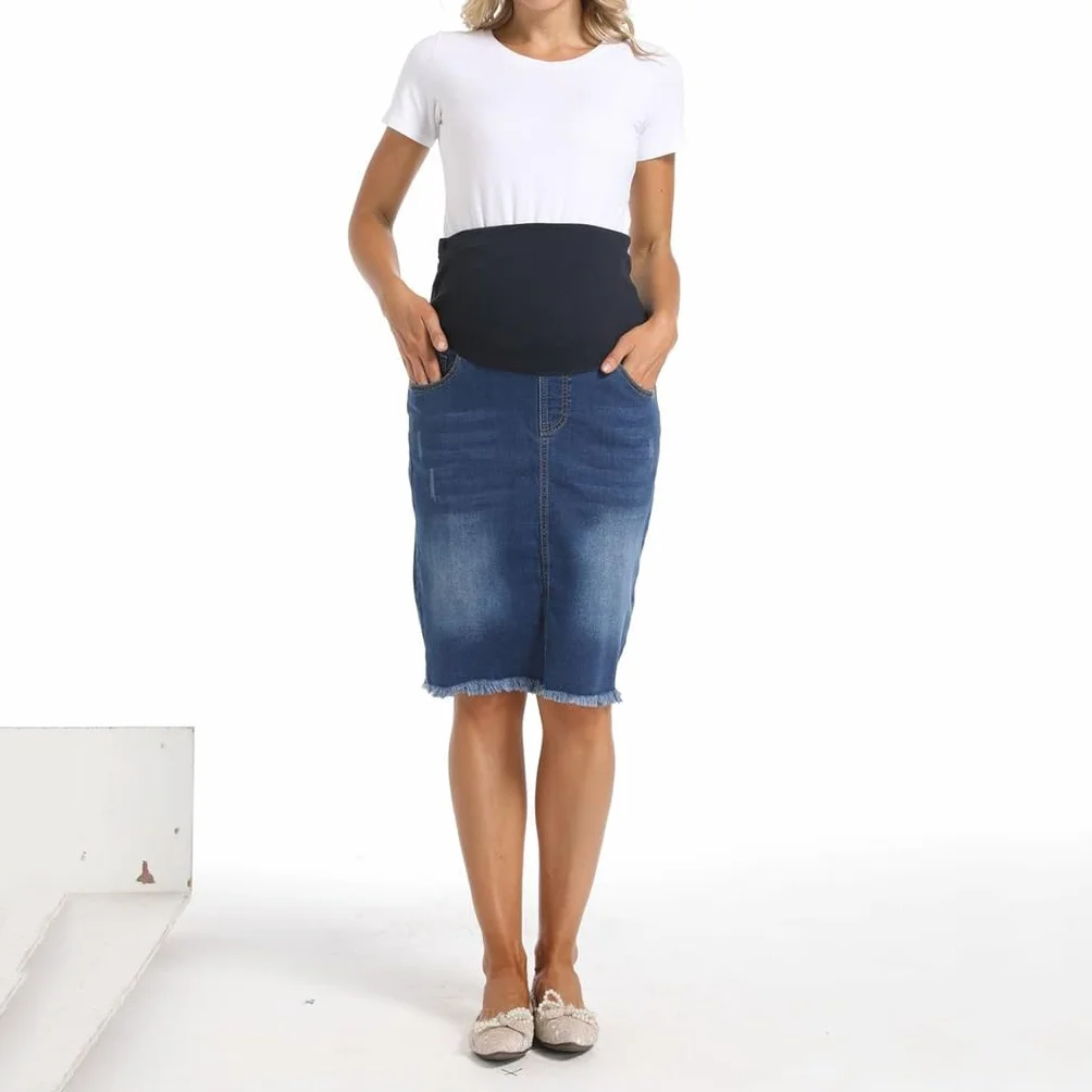 FaroLy Gonna Donna maternità Casual Jean Vita Alta Orlo Grezzo Bodycon Denim Vestiti di Gravidanza con Tasche