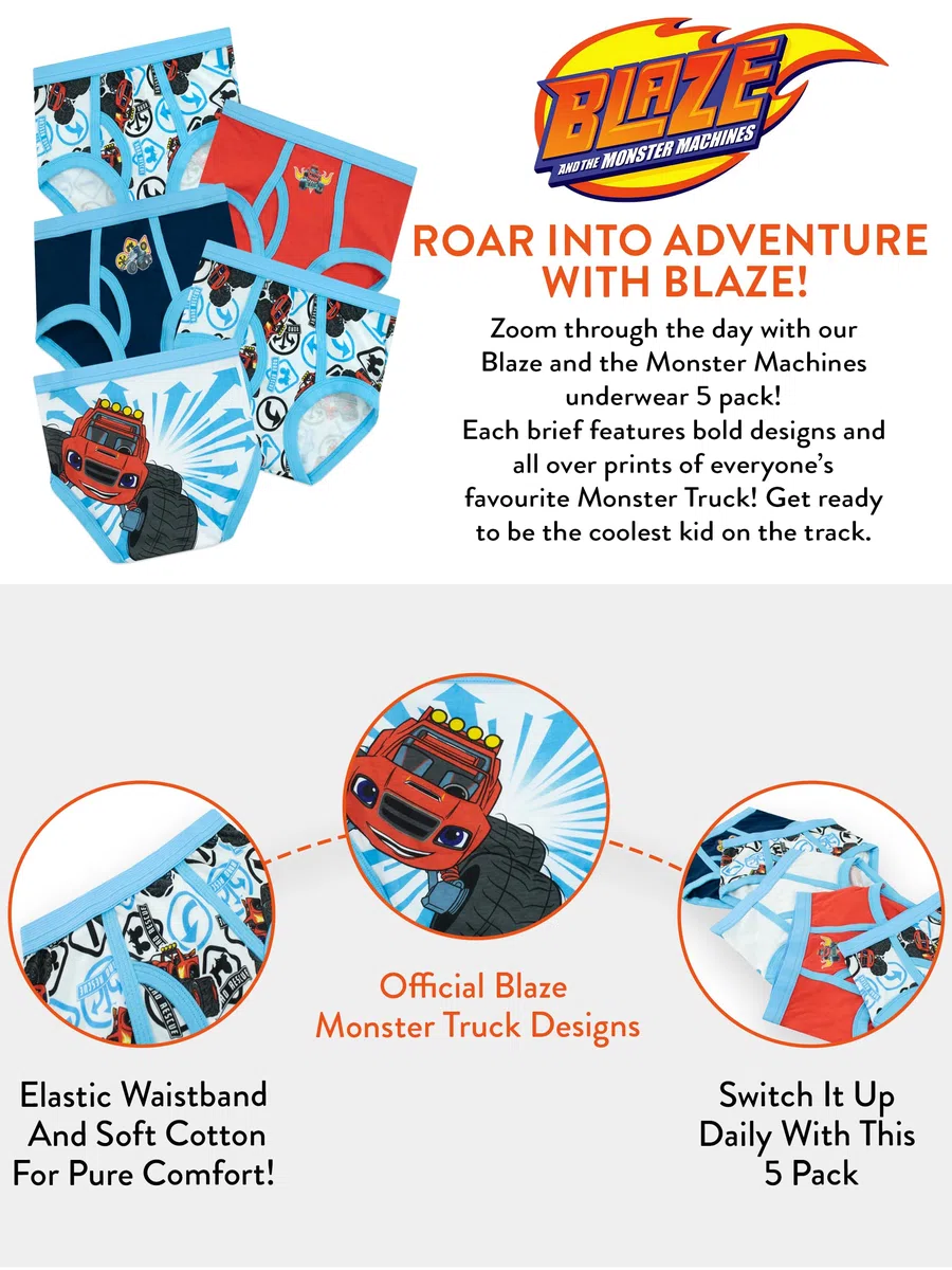 Blaze Confezione da 5 biancheria intima per ragazzi And The Monster Machines | Slip da ragazzo Monster Trucks in confezione multipla | Età da 18 mesi a 8 anni