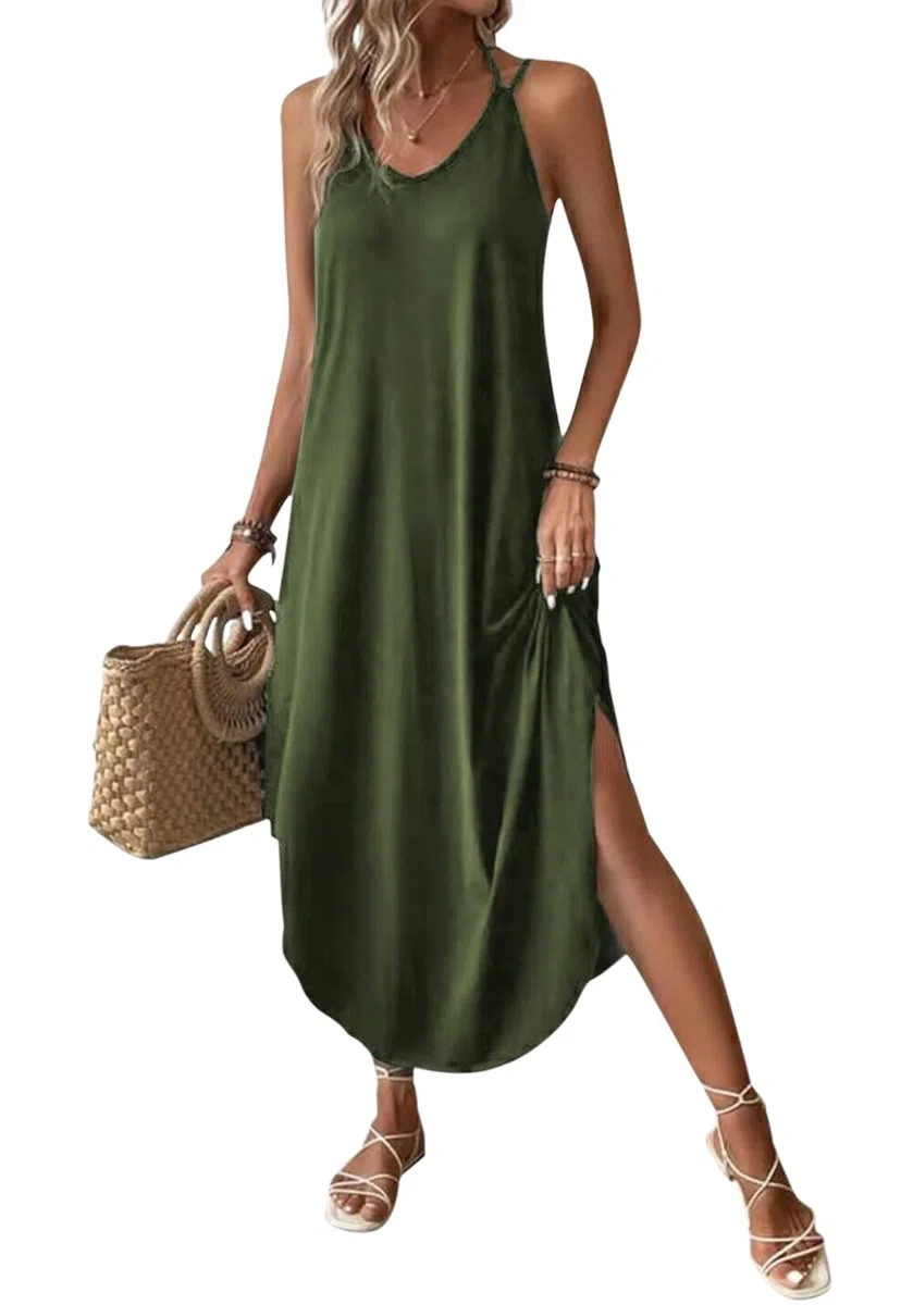 Chicrise Vestito Lungo Donna Senza Maniche Abiti Spiaggia Collo a V Vestito Estivo Casual