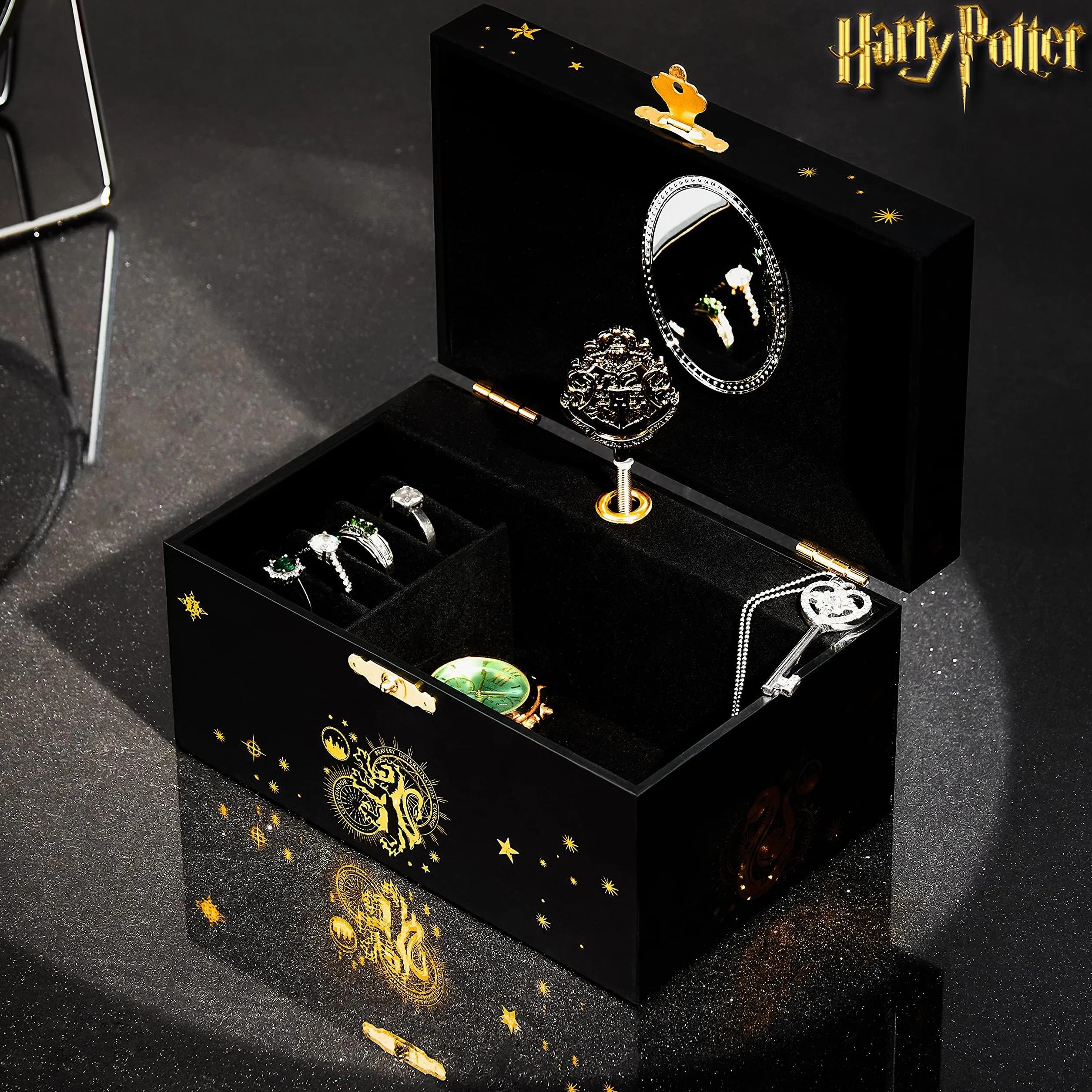 Harry Potter Portagioie Musicale per Bambina Carillon Con Stemma di Hogwarts Rotante e Specchio Gadget Originali
