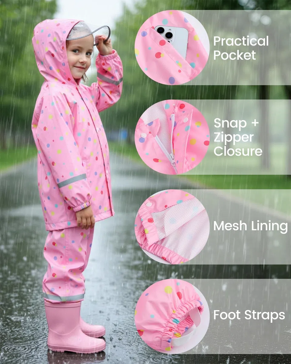 JiAmy Tuta Impermeabile Bambino e Bambina (2 Pezzi), Set Pioggia con Giacca e Pantaloni, Impermeabile Bambino con Cappuccio Trasparente & Bande Riflettenti per Scuola e Asilo (1-8 Anni)
