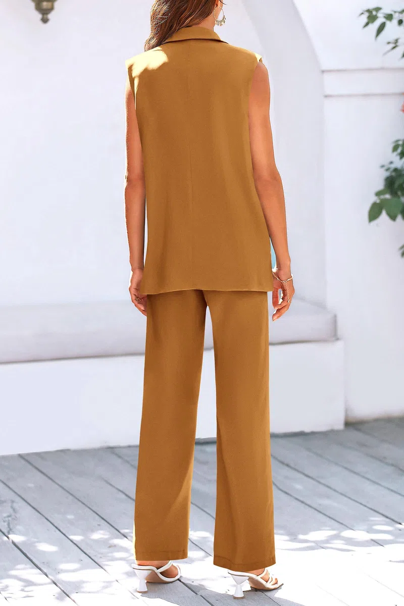 Completo smanicato da donna con gilet e pantaloni a gamba larga, set blazer casual da lavoro