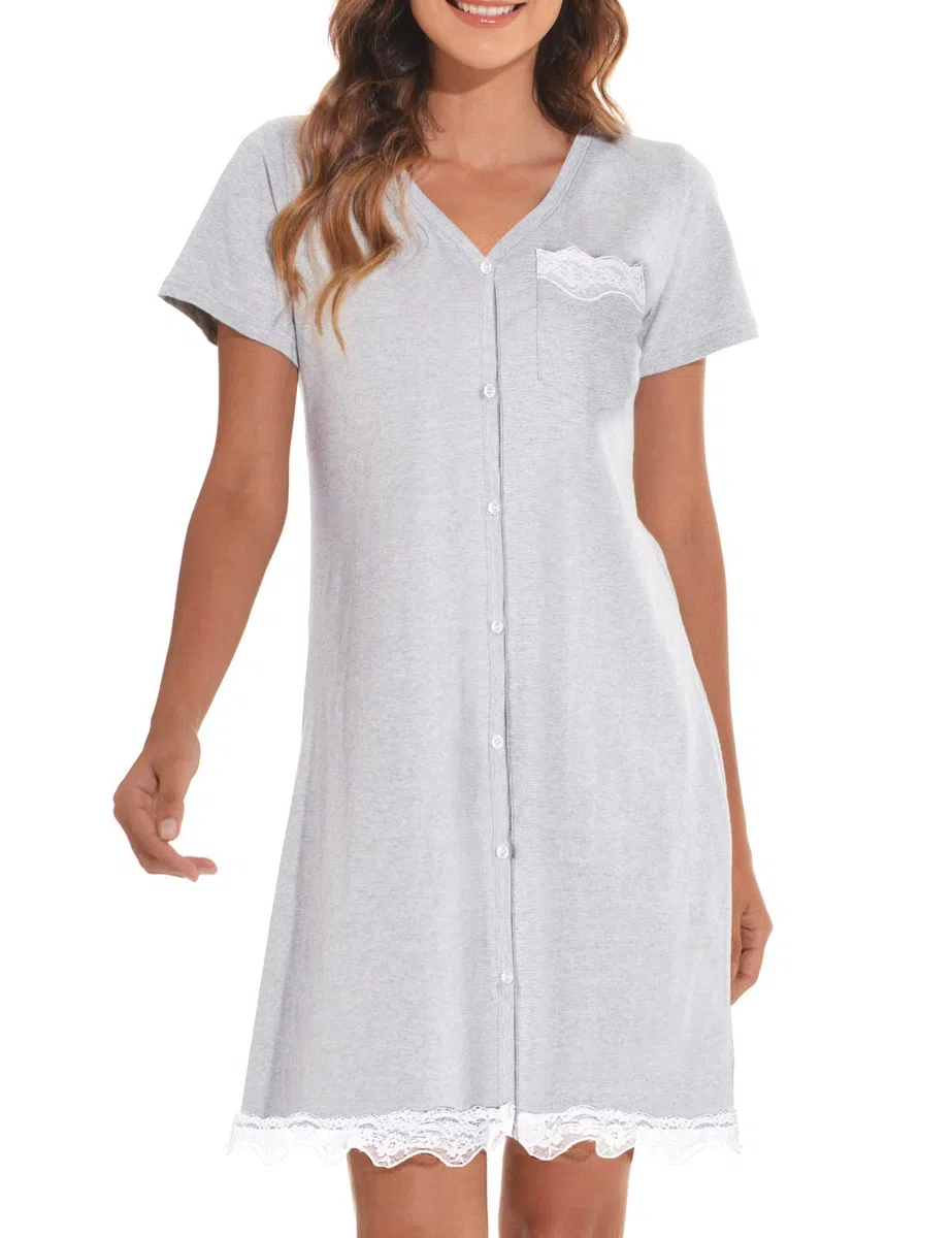 heekpek Camicia da Notte Donna Cotone con Bottoni Estiva Scollo a V Elegante Camicia Premaman Manica Corta Sciolto Pigiama Vestito con Orlo in Pizzo