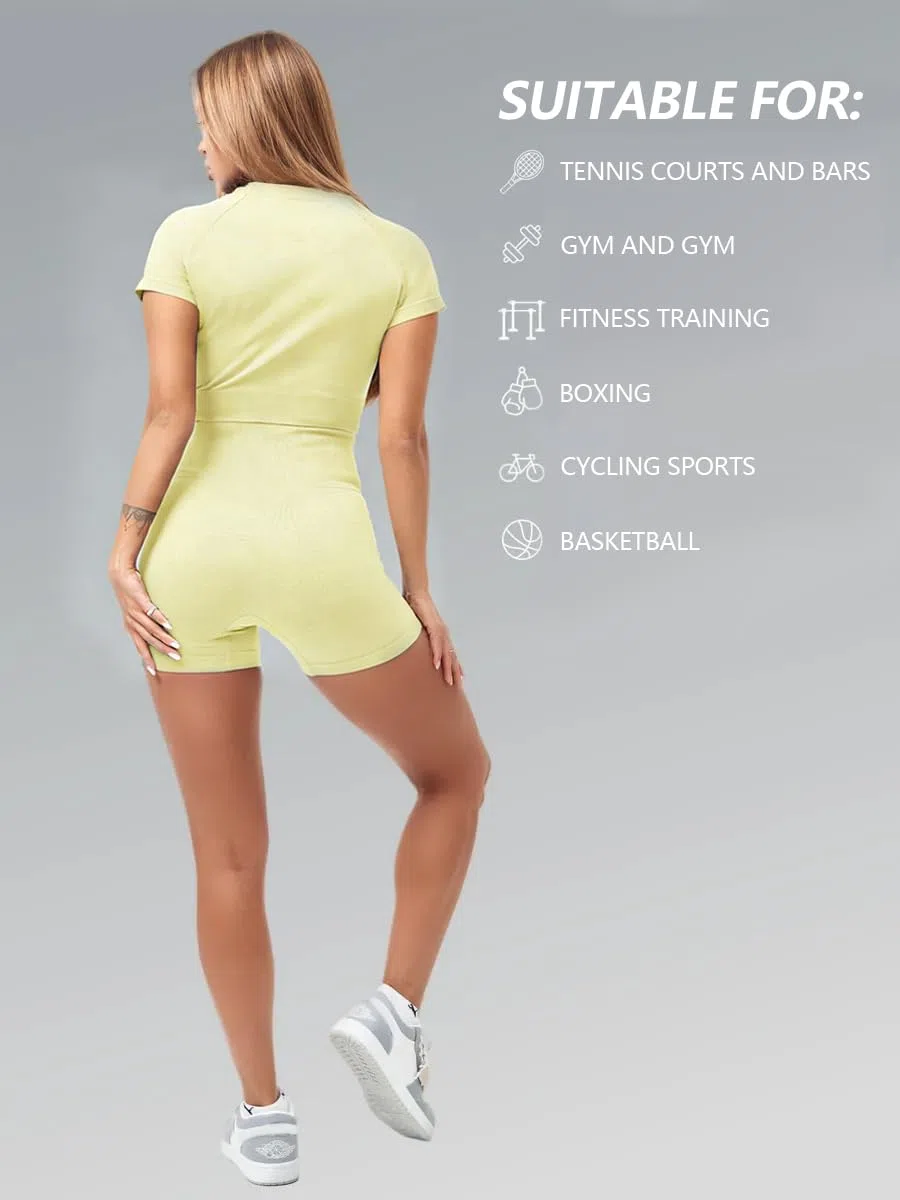 Workout Sets per Donne 2 Pezzi Top Crop Senza Cuciture e Pantaloncini Alta Vita Abbigliamento Yoga Fitness Palestra Casual