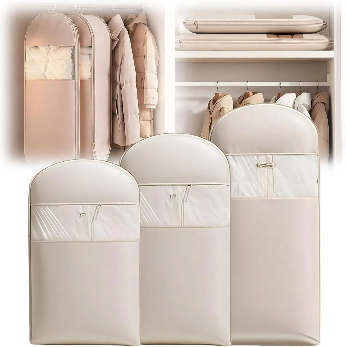 Borsa salvaspazio da appendere, con cerniera a compressione, salvaspazio, organizer per armadio per piumino, sacchetti sottovuoto (beige, (M, L, XL, 3 pezzi)