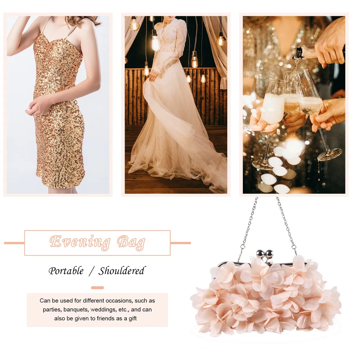 SUKUTU Pochette da Sera da Donna Borsa da Sera con Fiori Borsa da Donna con Tracolla a Catena da Sposa