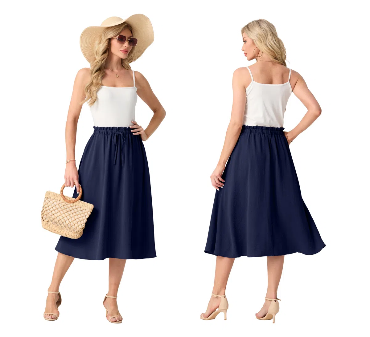 GRECERELLE Gonna midi estiva da donna, stile boho, fluida, casual, a vita alta, a palazzo, con tasche e cintura regolabile