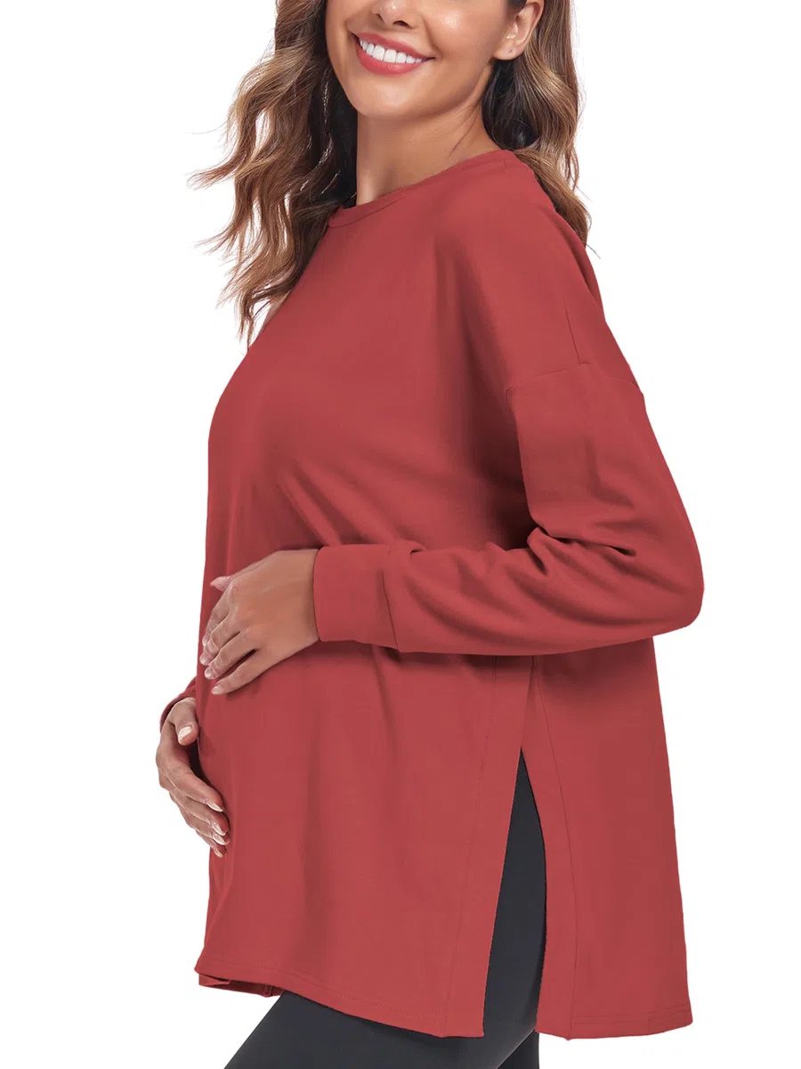 Top premaman da donna a maniche lunghe, vestibilità ampia, maglietta premaman con spacco laterale, abbigliamento premaman