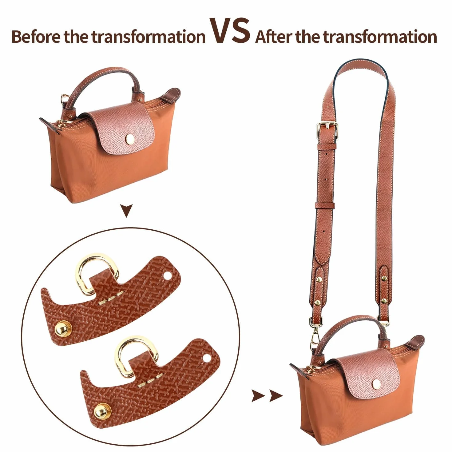 Cinghia Tracolla per Borsa, Tracolla per Longchamp Borsa Donna, Cinghia in Pelle Sostituibile per Mini Le, Raccordi Regolabili Strap No-Punch per Ricambio Pliage