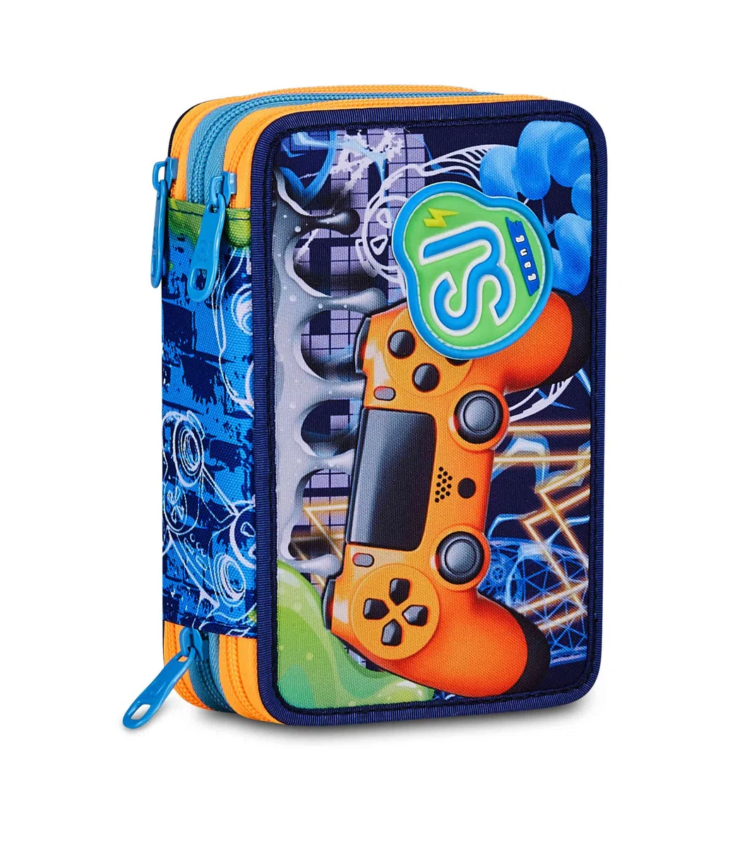 SJ GANG STYLE JAM GANG Astuccio Scuola 3 zip JOYFUL PINS BOY, Blu, Triplo Scomparto, 45 pezzi, Portapenne Attrezzato, Completo di matite, penne e colori, Accessori Zaino, Scuola elementare, Bambino