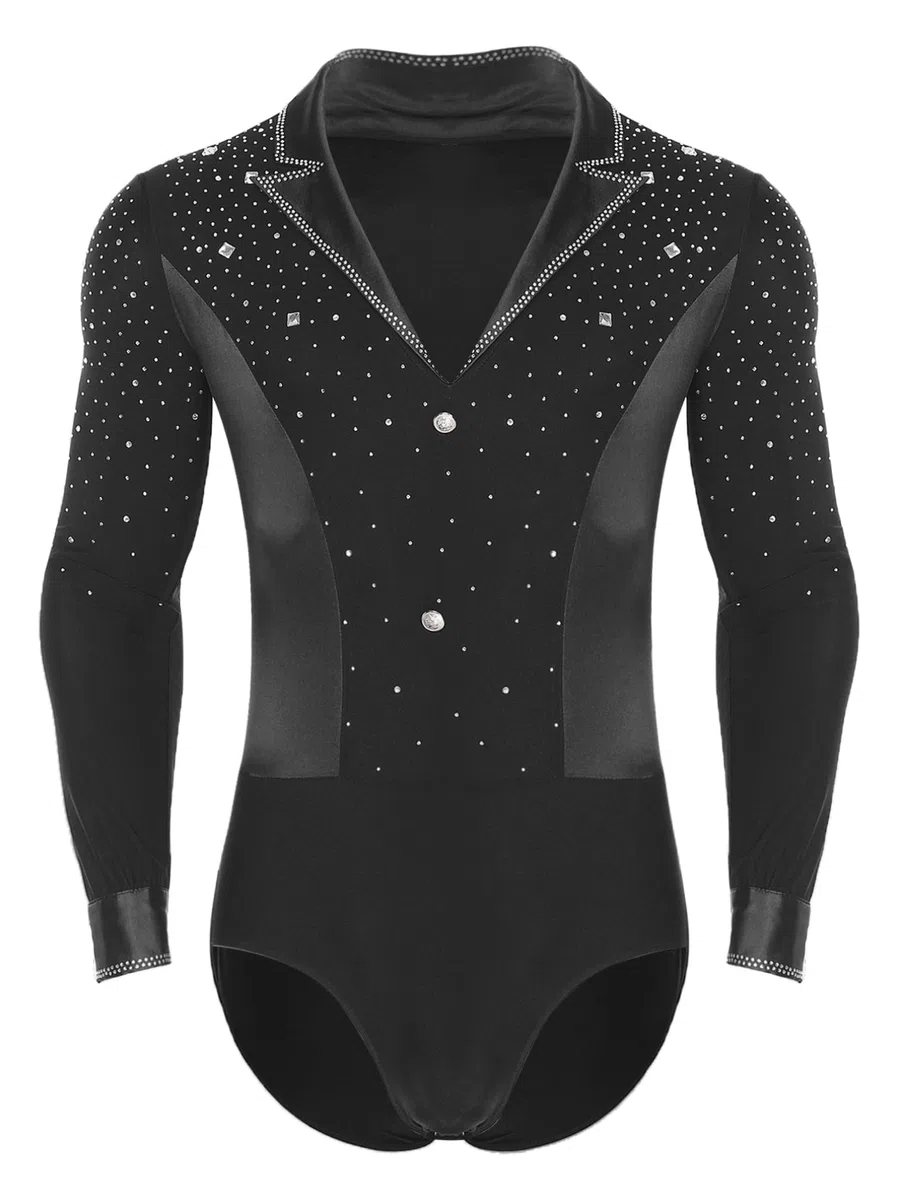 Agoky Body da Ballo Latino Americano per Uomo Maniche Lunghe con Strass Camicia Scollo a V da Danza Classica Leotard da Danza Standard Sala Tango Jazz Pattinaggio