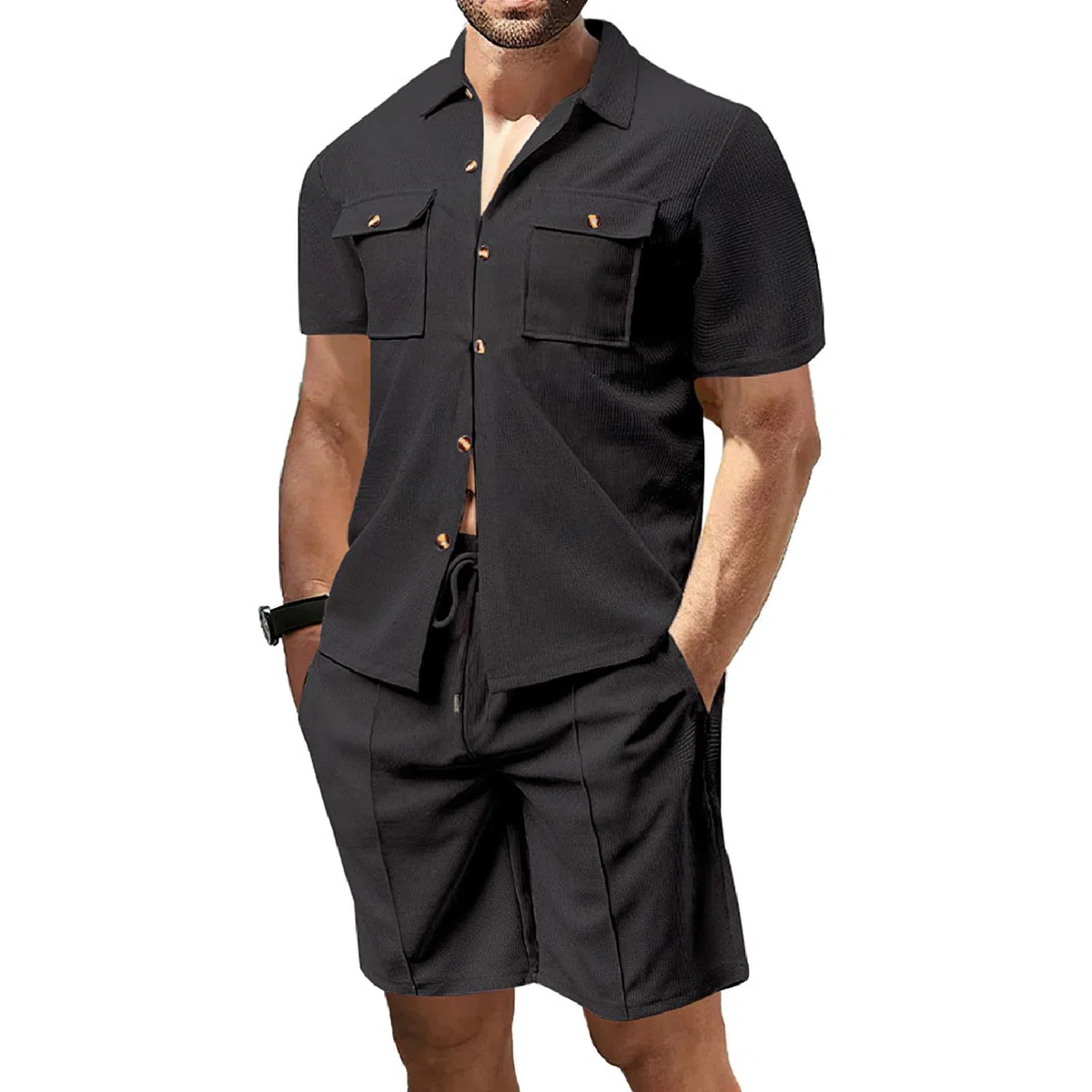 amropi Tuta Uomo Corto 2 Pezzi Waffle Maniche Corte Camicia Bottone e Pantaloncini Casual Estiva Completo