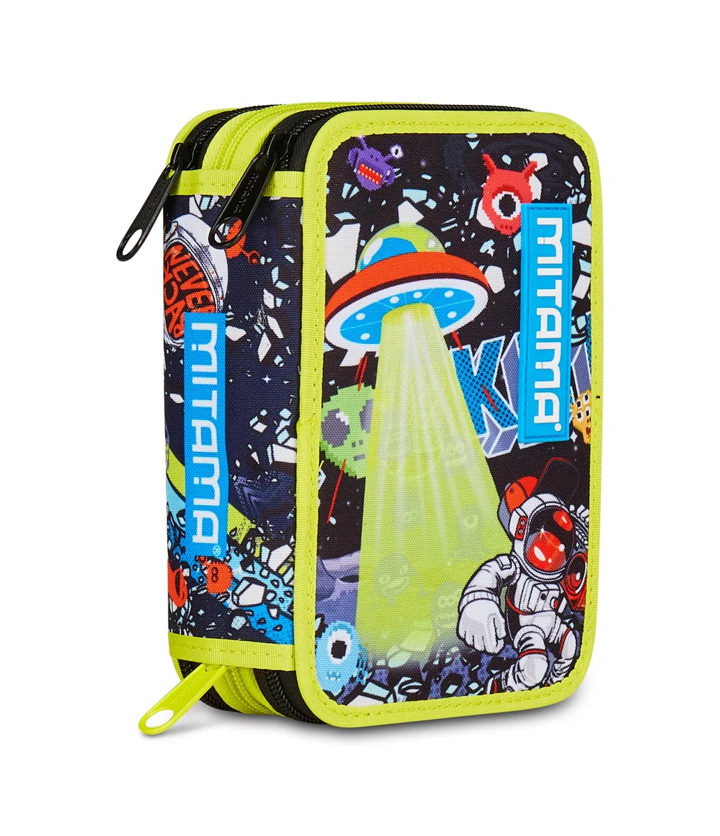 Mitama Astuccio Scuola 3 Scomparti, DISCO SPACE, Astuccio scuola attrezzato, 47 pezzi, Per bambini e ragazzi, Scuola elementare e media, Tempo libero