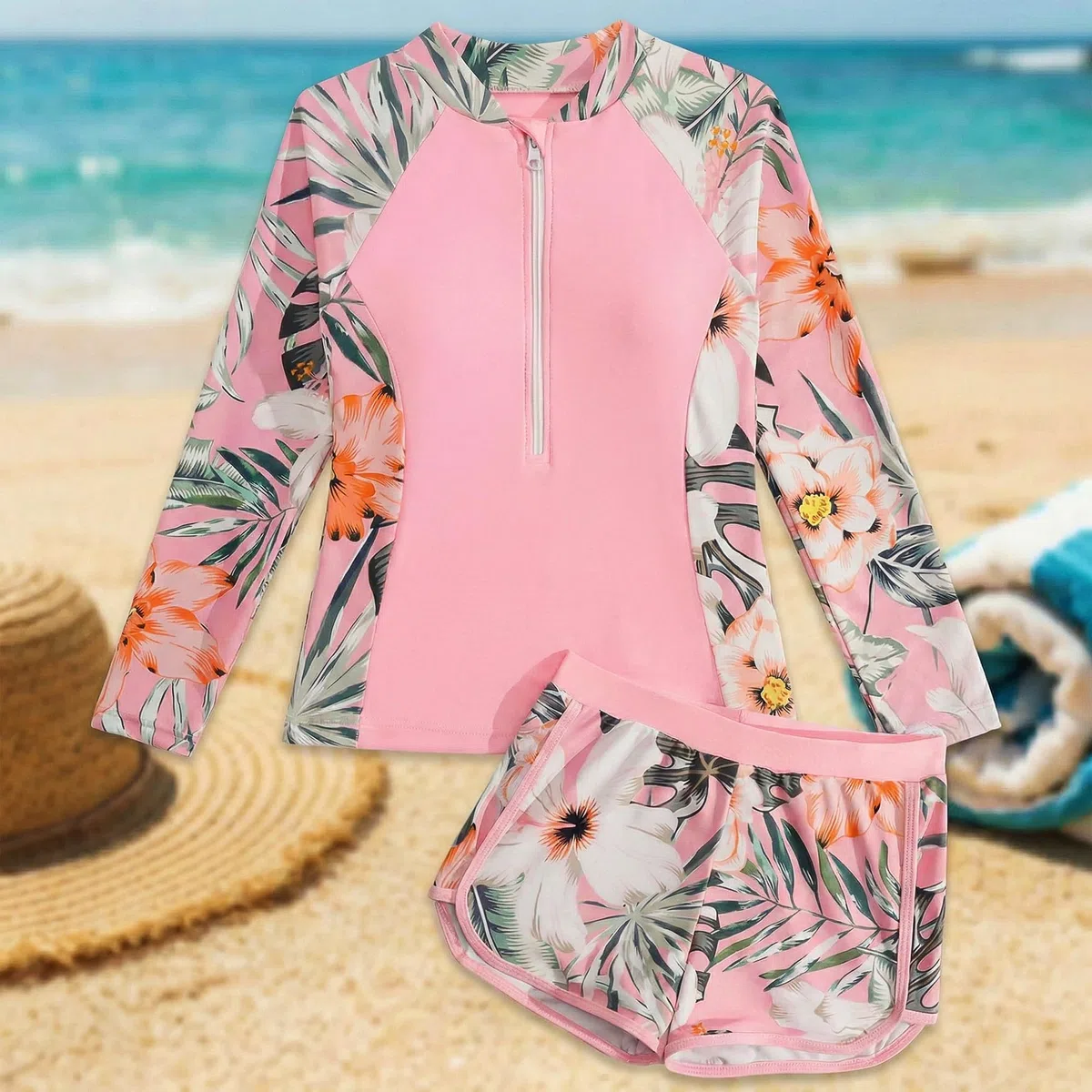 Costume da Bagno Ragazze 2 Pezzi Manica Lunga Rash Guard Protezione Solare, Stampa Floreale Top con Zip e Pantaloncini Morbidi, Costume Piscina Spiaggia Nuoto Bambina per 5-11 Anni