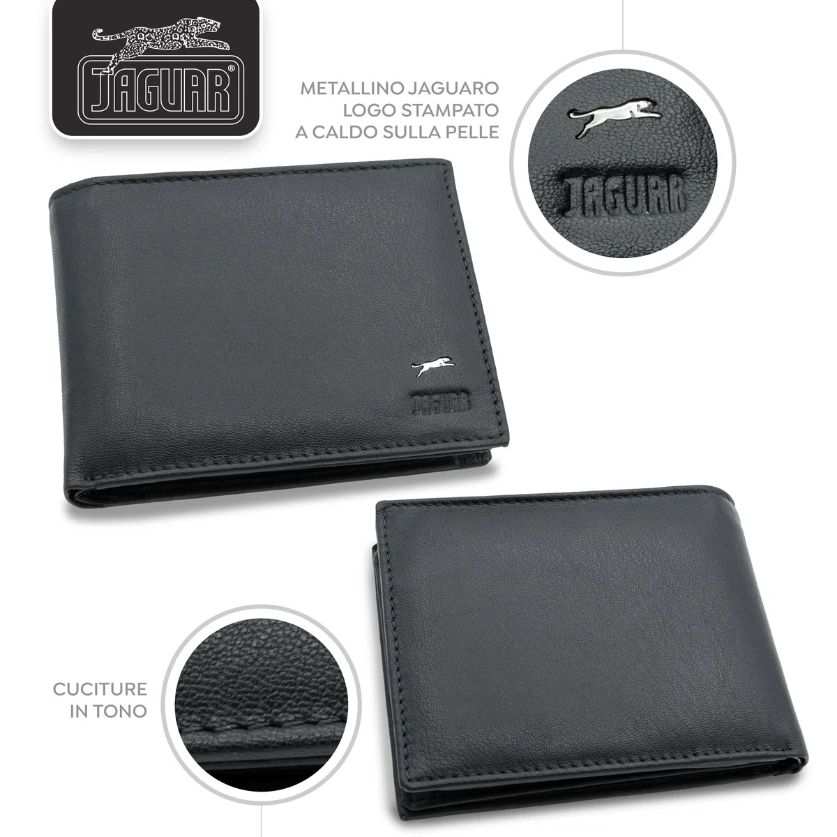 JAGUAR Portafoglio Uomo Pelle Vera Dotato di Scomparti Carte, Portamonete Banconote e Documenti, Idea Regalo Uomo dal Design Classico e Raffinato, Leggero (soli 75gr) Nero