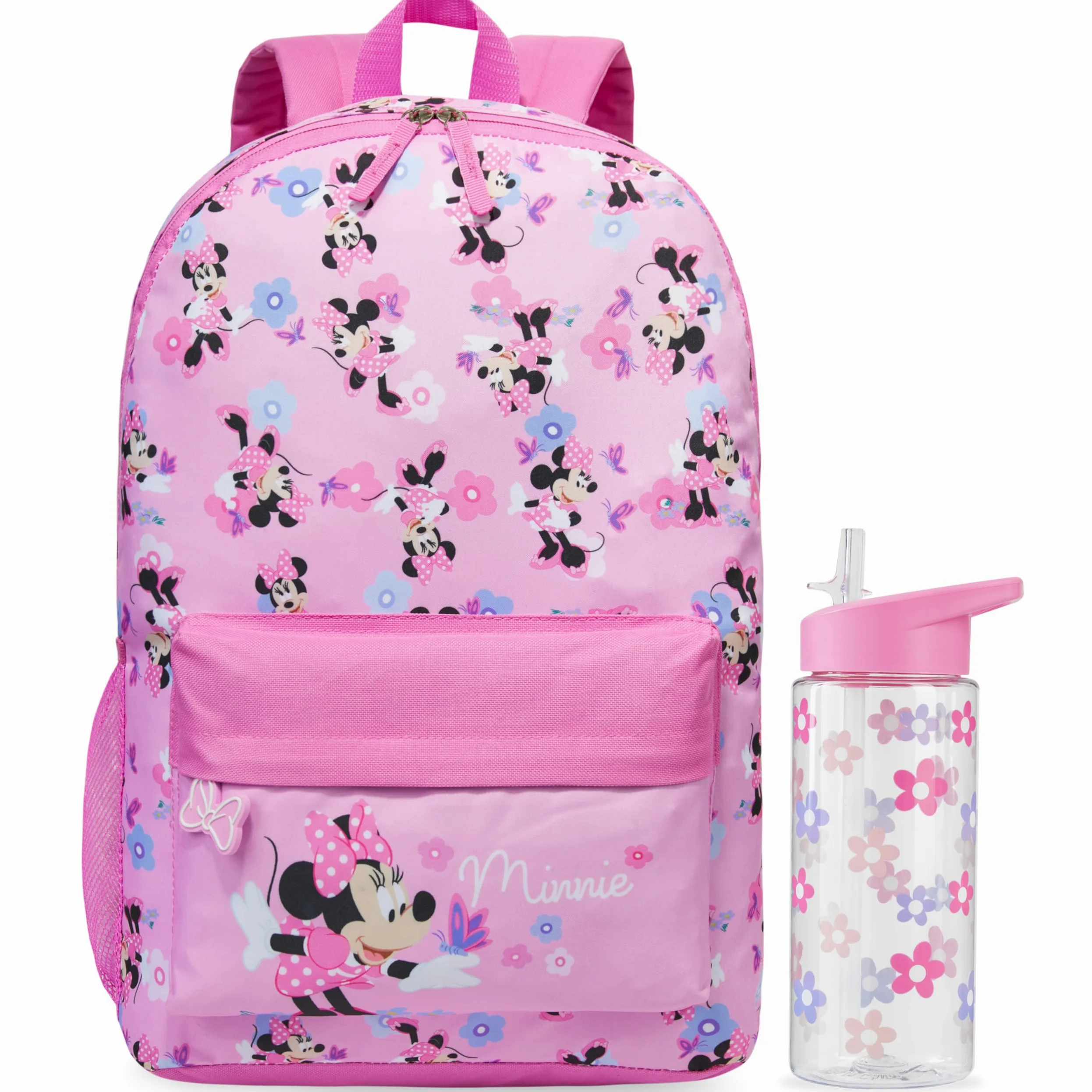 Get Trend Disney Minnie Mouse Zainetto Bambina Zip, Zaino Scuola Set con BPA Free Flip Top Borraccia con Cannuccia per Scuola (Rosa Minnie)