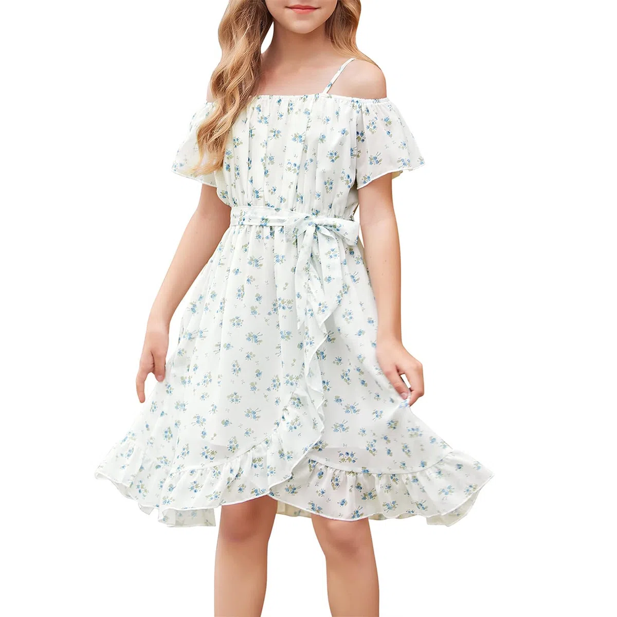 Estate Vestito Bambina,Vestito di Chiffon con Fiori Senza Spalline con Cintura Regolabile,Casual Manica con Volant Corte per Vestito Bambine 6 ai 14 Anni