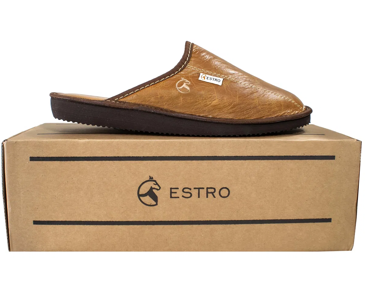 ESTRO Ciabatte Uomo Casa Pelle - Pantofole Uomo Casa Lana Ciabatte Vera Pelle Suola di Memoria Rust