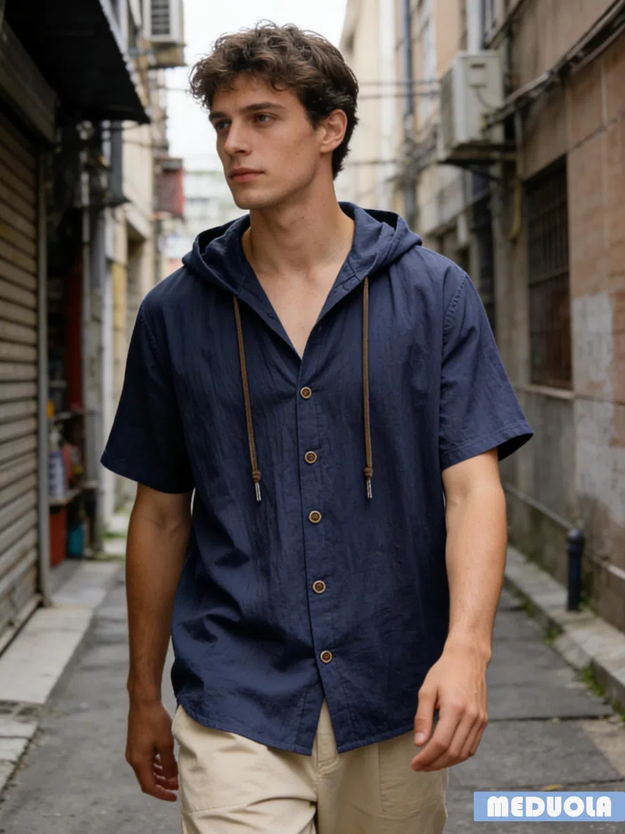 T-Shirt da Uomo in Lino a Maniche Corte con Cappuccio e Bottoni, Camicia in Lino, Cardigan con Cappuccio