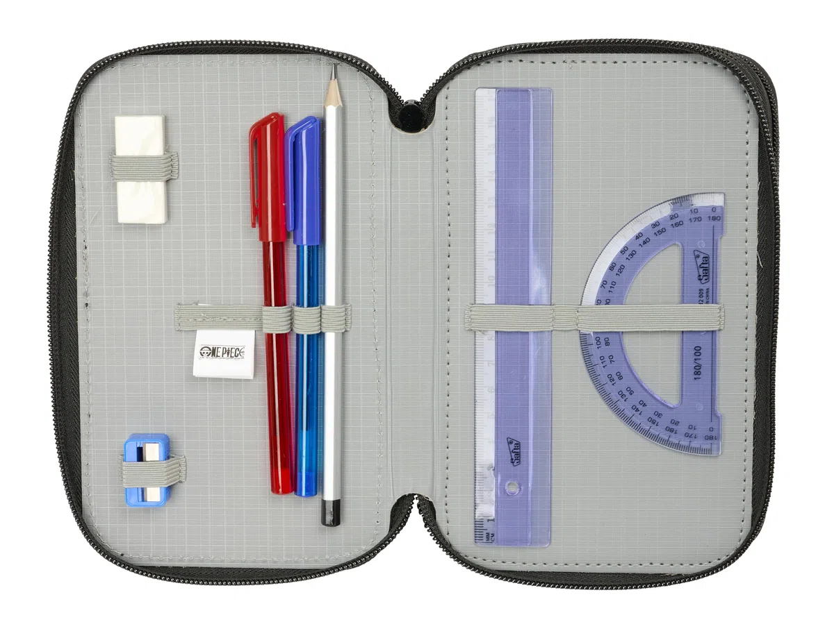 ONE PIECE - Astuccio scuola con 37 utili inclusi, astuccio per bambini, ideale per bambini dai 5 ai 14 anni, comodo e versatile, qualità e resistenza, 12,5 x 5,5 x 19,5 cm