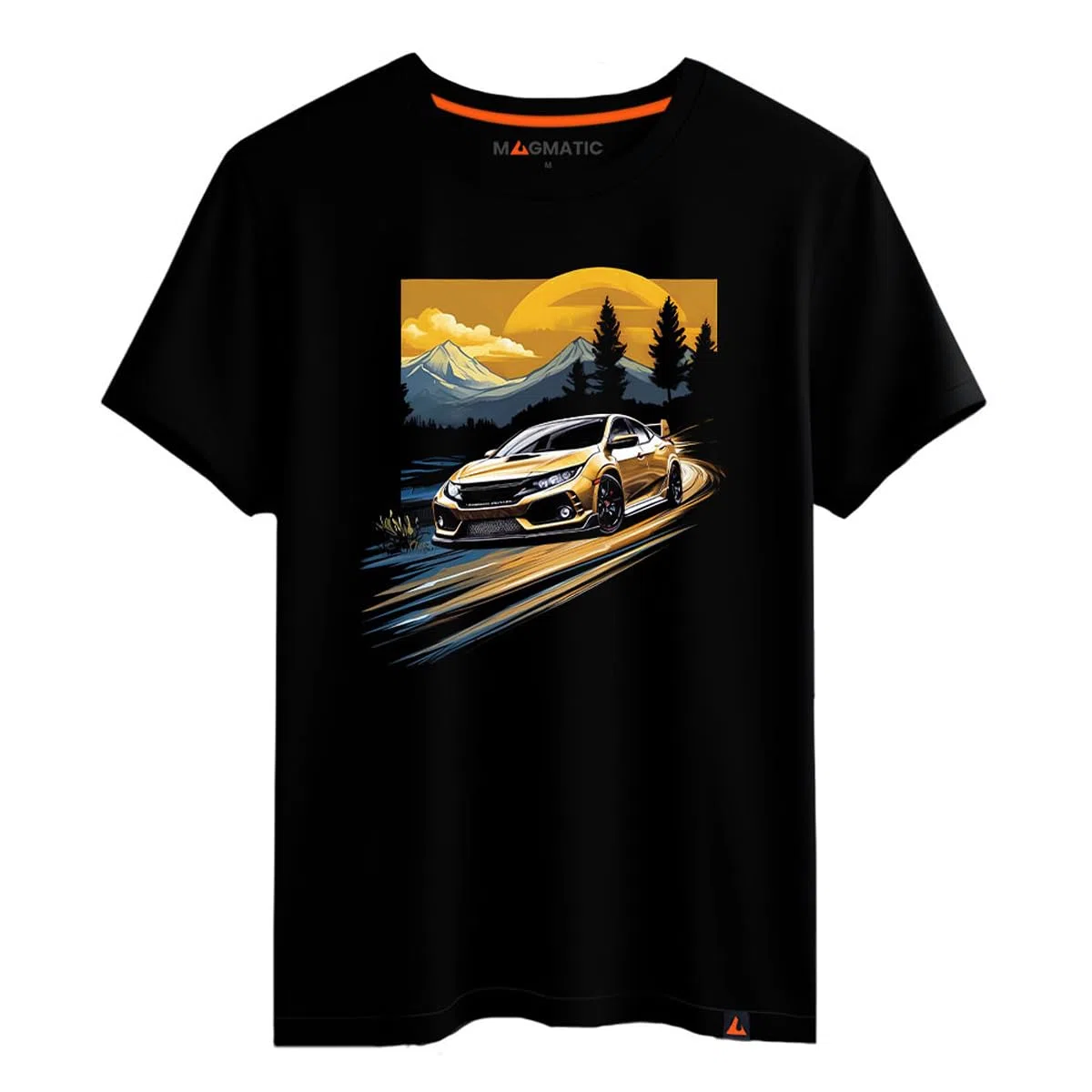Magmatic - Maglietta Mustang Auto Sportiva per Uomo Unisex Bambino, Collezione Sunset Road T Shirt Nera Premium 100% Cotone, Regalo Auto Sportiva, appassionato di Automobili, Fan di Auto