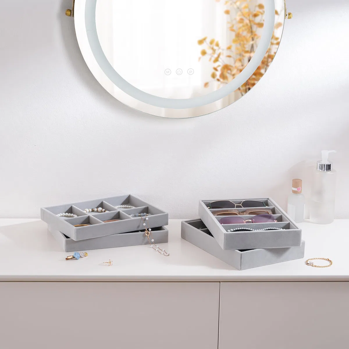 ProCase 2 Porta Gioielli da Cassetto + 2 Porta Occhiali da Sole, Vassoi Organizzatori di Gioielli Impilabili per Cassetti, Organizer Gioielli con Divisori Rimovibili -Grigio