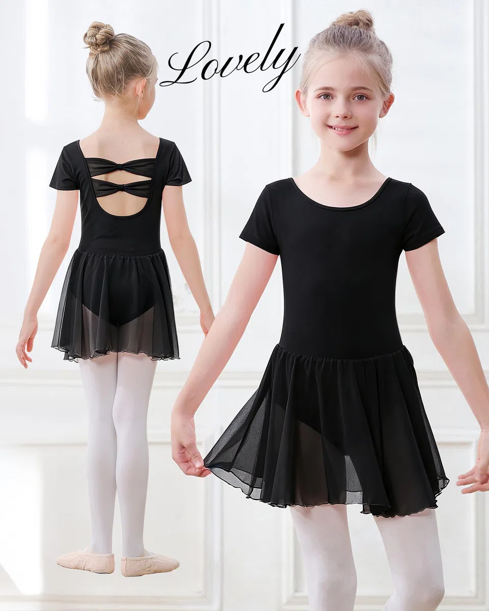 Ragazza Vestito da Balletto,Body da Balletto a Maniche Corte per Bambine, Body da Balletto in Cotone e Abito da Danza per Bambine con Gonna in Chiffon