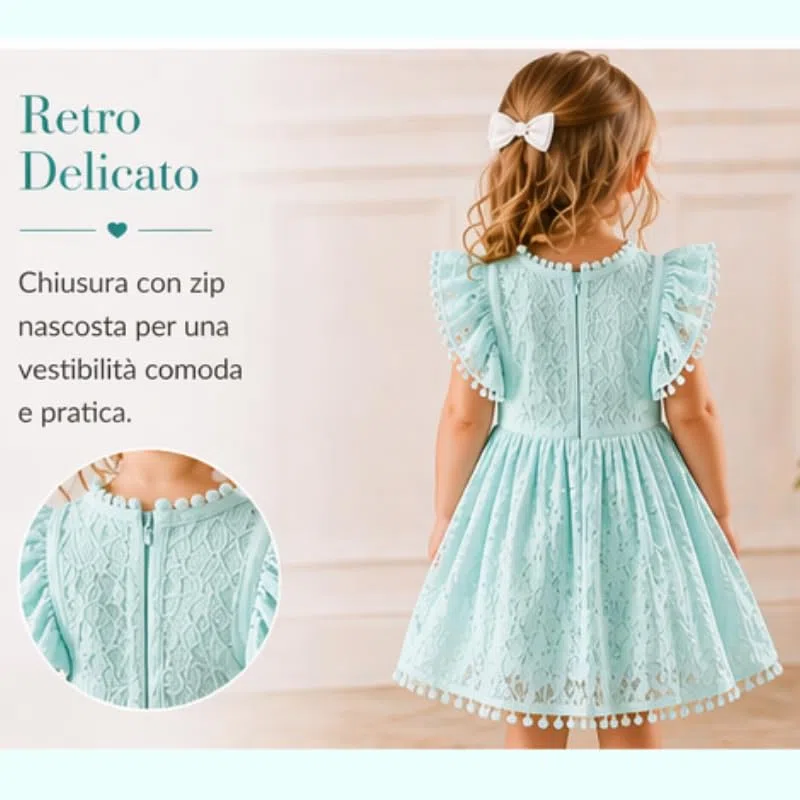 OrJana Vestito da Bambina in Pizzo con Maniche a Balze e Dettagli Pompon