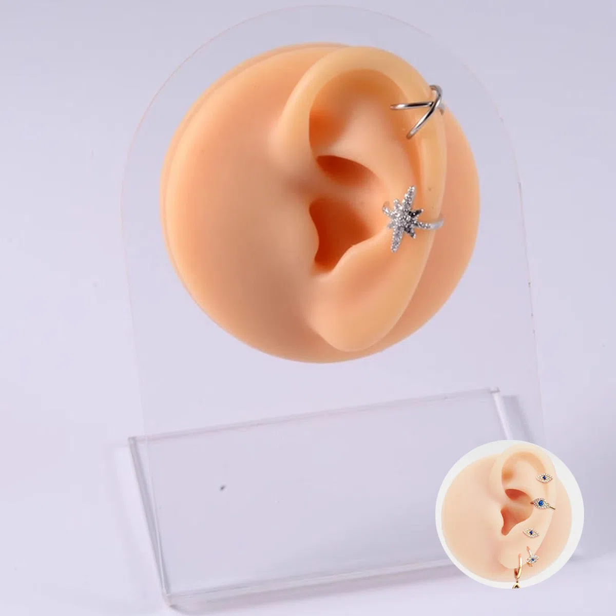 Finto Stampo Per Orecchio, 1 Paio Di Orecchio In Silicone Modello, Orecchio In Gomma Per La Pratica Del Piercing, Morbido Silicone, Con Espositore In Acrilico, Per Orecchini, Espositori Per Gioielli