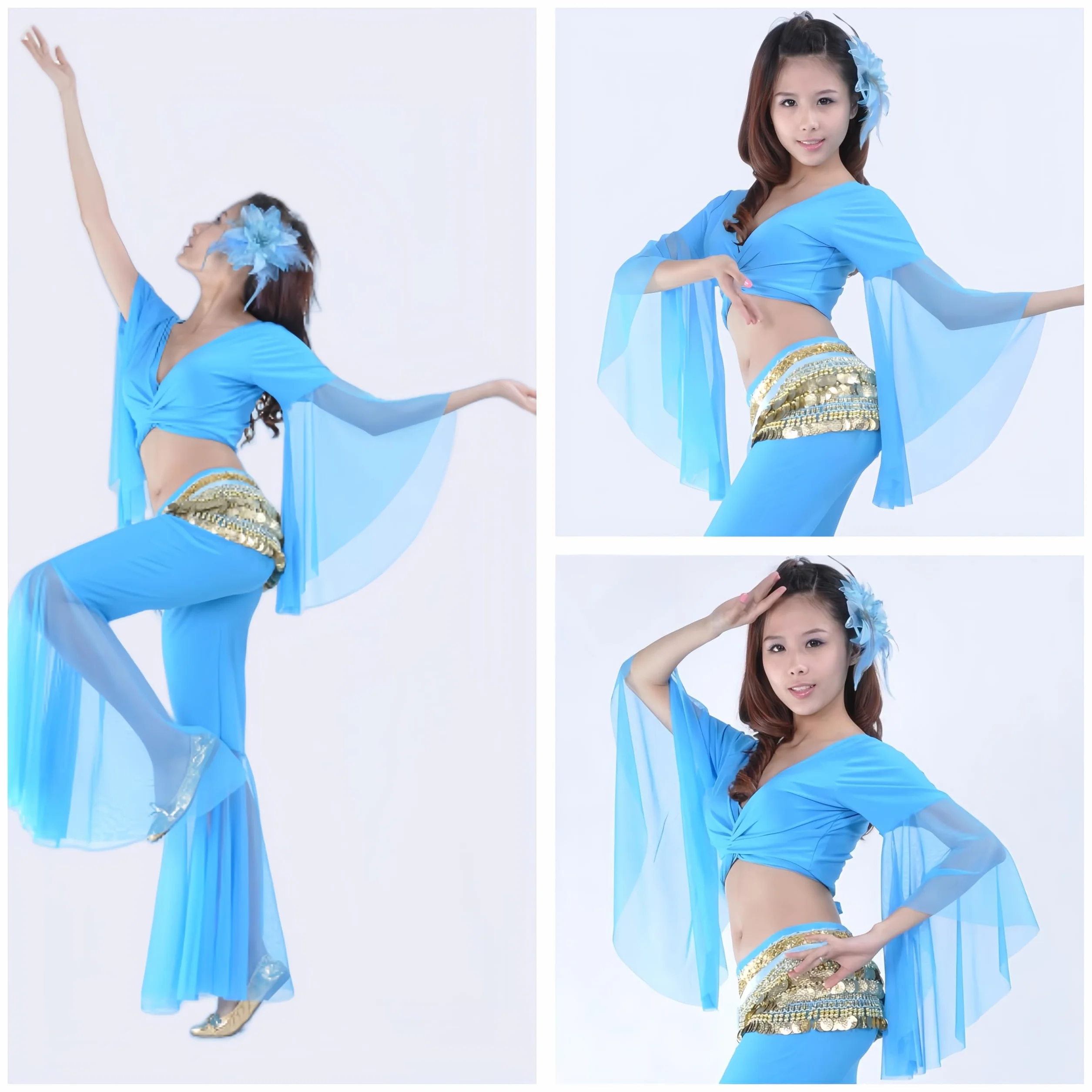 Top corto da danza con maniche svasate da donna, top avvolgente classica scollo V maniche 3/4 in tulle, camicia lacci per danza del ventre tribale, camicetta con nappe for annodare per abbigliamento