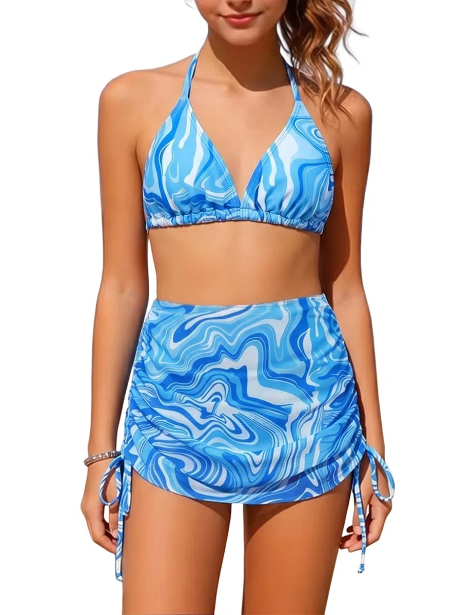 Arshiner Bikini da bambina, 3 pezzi, con allacciatura al collo, costume da bagno con gonna estiva, stampa floreale, per bambine 7-15 anni
