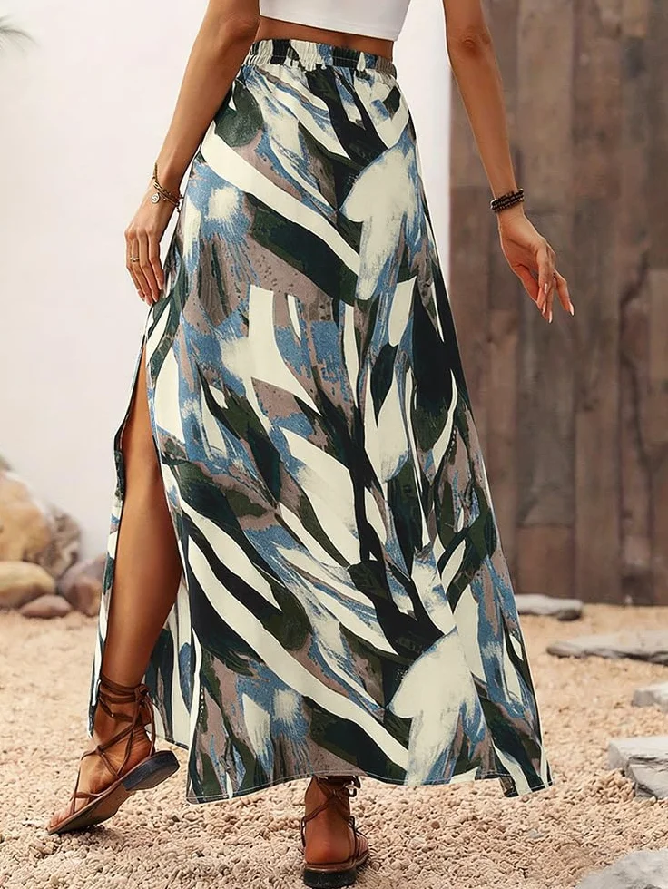 ABINGOO Gonna Lunga Donna Estiva A Linea Elastico Vita Alta con Spacco Boho Stampa Floreale Swing Casual Spiaggia Vacanze Maxi Gonna