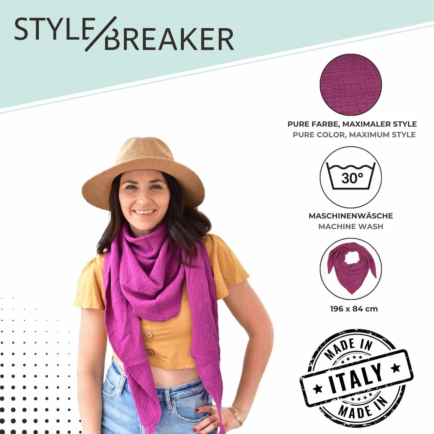 styleBREAKER foulard triangolare in mussola da donna in 100% cotone | foulard tinta unita morbido e leggero | sciarpa alla moda per tutte le stagioni - Made in Italy, 196 x 84 cm