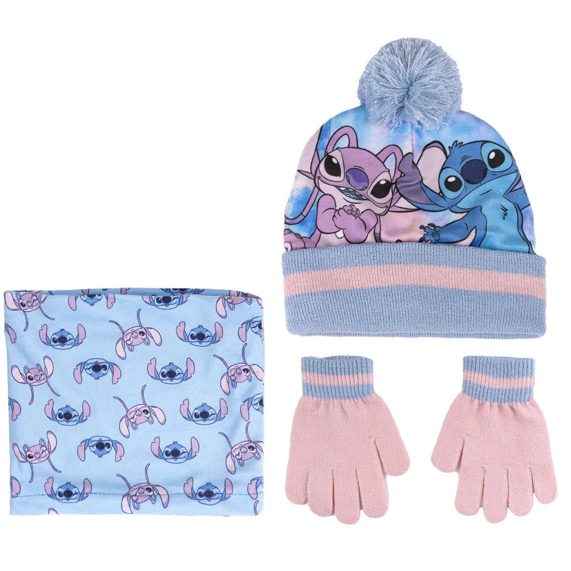 Disney Stitch & Angel Bobble Hat + Snood Sciarpa + Guanti Set Ragazze 3 Pezzi Inverno Set Regalo