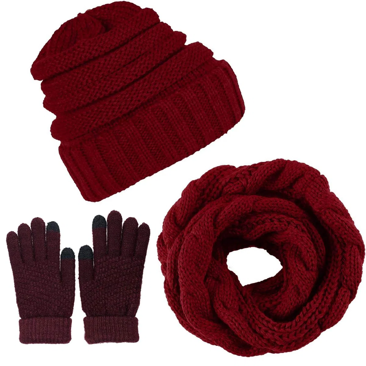 CheChury Cappelli Sciarpa Guanti Set Invernale da Donna Berretto a Maglia Berretto con Apertura Capelli Guanti Touch Screen Invernali Moda Sciarpa 3 Pezzi