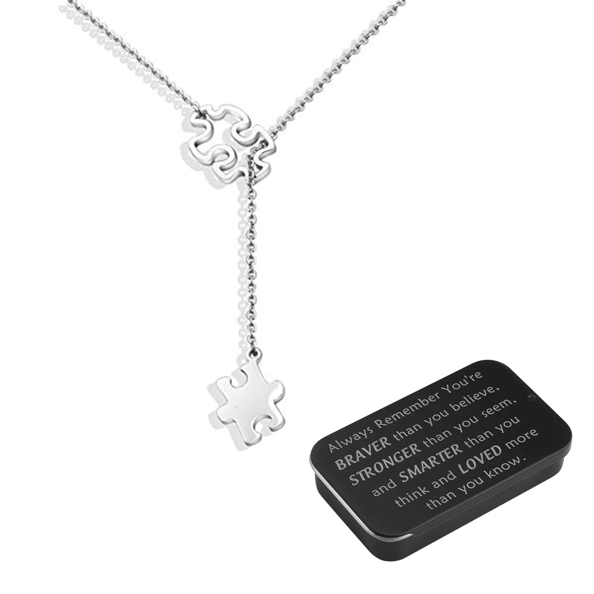 BNQL Collana per la consapevolezza dell'autismo, collana con puzzle per autismo, regalo per autismo, con scatola portagioie con scritta "You Are Braver Stronger Smarter Than You Think"