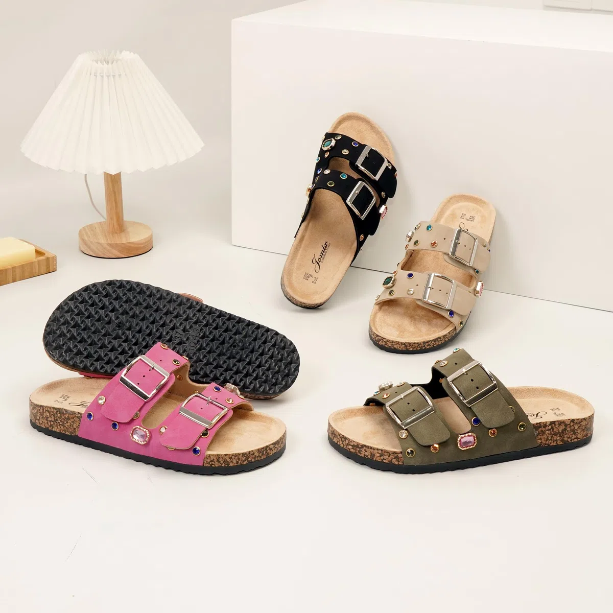 JOMIX Ciabatte Donna Estive Sandali Eleganti Pantofole Bohemien con Pietre Colorate Fibbie e Suola in Sughero per Spiaggia Tempo Libero Vacanze Comodi Antiscivolo
